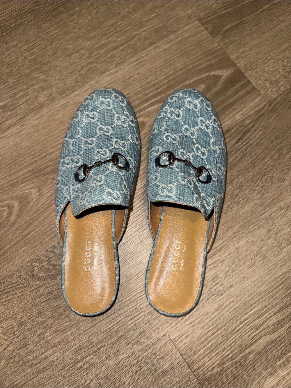 Gucci Light Blue Denim GG Horsebit Backless Mules